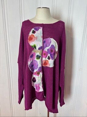 GRIZAS 100% Linen Purple Floral Appliqué Oversized Sweater - Size XXL